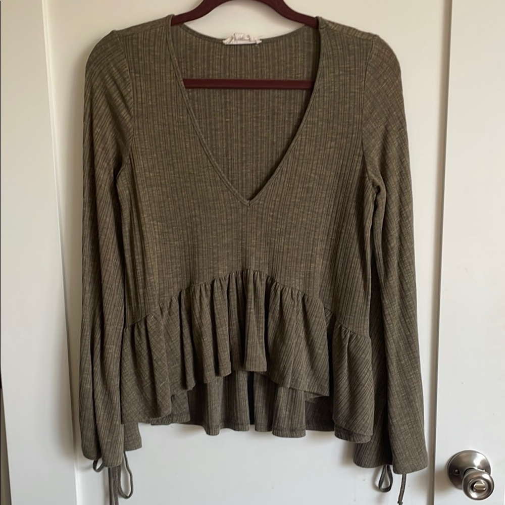 Peach Love California Green Ribbed Peplum Blouse